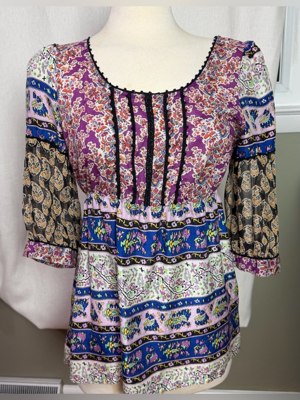 Anthropologie Edme Esyllte Silk Cotton Boho Blouse Sheer Sleeve Scoop Neck Top 4
